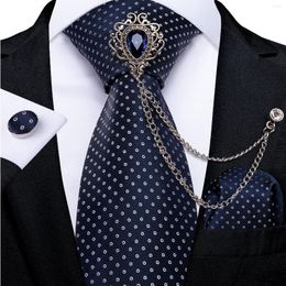 Bow Ties Business Blue White Dot Men's Luxury Brooch Chain Handkerchief Cufflinks Gift For Men 8cm Silk Formal Necktie Set DiBanGu