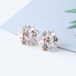 Stud Earrings Sweet Crystal Tiny Flower For Women Korean Fashion Elegant Hollow Out Shell Female Girls Brincos Jewellery