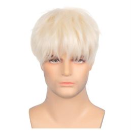 New Men's short cosplay light gold oblique bangs men's hair fluf Wig