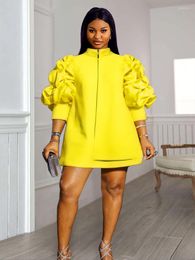 Plus Size Dresses 4XL Mini Shift Dress Women High Neck Puff Sleeve Zipper Robes Vintage Party Club Events Wear Trendy Fall Winter 2022