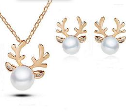 Necklace Earrings Set & Simulated Pearl CZ Antlers Christmas Tree Gold/Silver Plated Statement