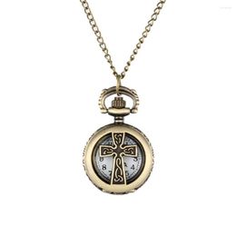 Pocket Watches Vintage Bronze Crucifix Cross Hollow Quartz Watch Necklace Pendant Women Men's Gifts LXH