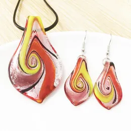 1 Set Chinese Style Red Yellow Leaf Necklaces Earring Twisted Silver Foil Murano Lampwork Glass Pendants Fashion Ethnic Jewellery