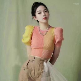 Women's T Shirts Color Block Crop Tops Sexy Knitted Shirt For Women 2022 Summer O Neck Half Puff Sleeve High Waist Sweater Women's