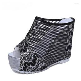 Slippers 2022 Fashion High-heeled Women 12CM Platform Wedges Sandals Slide Lace Peep Toe Women's Summer Shoes