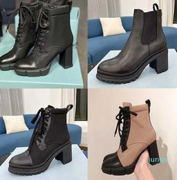 Designer Plaque Boots Lace Up platform Ankle Boot Women Nylon Black Leather Combat Boots High Heel Winter Boot 7.5cm 9.5cm 64