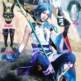 Anime Costumes Genshin Impact Xiao Cosplay Cold Kimono Uniform Shoes Wig Mask Game Halloween Stockings for Men Women J220915