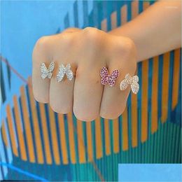 Wedding Rings Wedding Rings Double Butterfly Open For Women Micro Paved Mini Cubic Zirconia Adjustable Friends Couple Drop Jewellery D Dhpcq