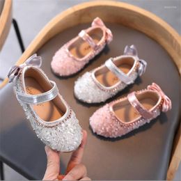 Flat Shoes 2022 Children Casual Girls Princess Heel Party Sequins Bow Pearl Crystal Bling Baby Performance 21-35