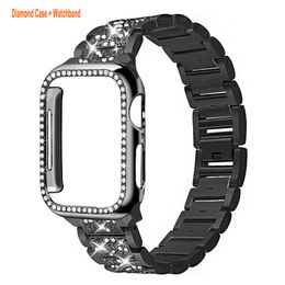 Stainless Steel Mesh watchbands Cases Compatible for Apple Watch 45mm 42mm 41mm Women Bling Protective Crystal Diamond Case with Strap For Applewatch Series 8 7 6 5 4 3