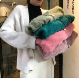 Women's Fur Women's Jacket Coat Elegant Loose Ladies Knitted Cardigan Lantern Sleeve Mohair Sweater Autumn And Winter Fluffy