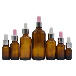 Empty Packing Clear Brown Glass Bottle Cosmetic Silver Collar White Pink Top Rubber Pipette Refilalble Portable Container 5ml 10ml 15ml 20ml 30ml 50ml 100ml