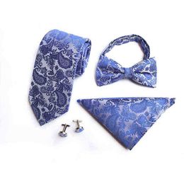 Fashion 8Cm Silk Paisley Bow Pocket Square Cufflinks Tie Set Ties For Man Bussiness Wedding Party Handkerchief Gifts J220816