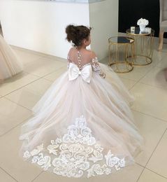 Champagne Flower Girls Dresses Long Sleeves For Weddings White Lace Appliques Ball Gown Birthday Girl Communion Pageant Gowns 403