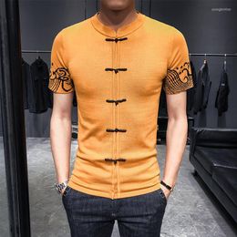 Men's T Shirts Knitting Sweater Chinese Style Button Sleeve Side Jacquard Weave Man Self-cultivation Short Camisetas Hombre