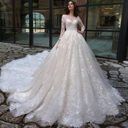 Country Ball Wedding Dresses Dubai Lace High Neckline Half Long Sleeves Pearls Tulle Princess Boho Bridal Gown Plus Size 403