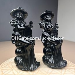 Black Obsidian Magic Witch Sculpture Crystal Carving Crafts Altar Decor Reiki Healing Natural Quartz Stone Halloween Goddess Witches Ornament Figurine Statue