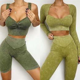 Ribbed Yoga Outfits Washed Seamless Yoga Set Crop Top Women Shirt Leggings Two Piece Outfit Workout Fitness Wear Gym Suit Sport Sets Clothes 221021