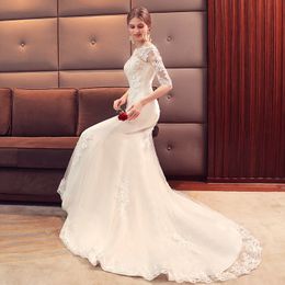 Arabic Mermaid Wedding Dresses Dubai Sparkly Crystals Long Sleeves Lace Bridal Gowns Court Train Tulle Skirt Robes De Mariee 403