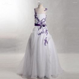 Girl Dresses FG19 Real Pictures Yiaibridal Purple Appliques White Organza A Line Wedding Dress For Kids