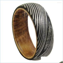 Wedding Rings Wedding Rings Original 6Mm/8Mm Width Man Wooden Tungsten Carbide Band With Oak Wood And Damascus Steel Pattern For Gif Dhi6J