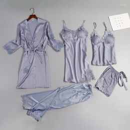 Women's Sleepwear 5 Pieces Ladies Sexy Silk Satin Set Lace Robe Nightdress Slip Top Shorts Pant Fashion Nightwear For Women