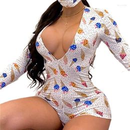 Women's Jumpsuits Sexy Women Deep V-neck Bodycon Jumpsuit Romper Sleepwear Long Sleeve Summer Print Short Bodysuit Leotard Women's &