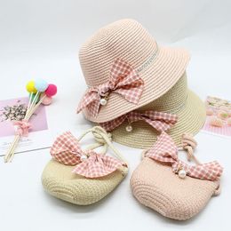 Hats Seioum Summer Child Bow Hat And Handbag Bags Outdoor Kids Holiday Beach Sun Girls Baby Cute Panama Cap Gorros