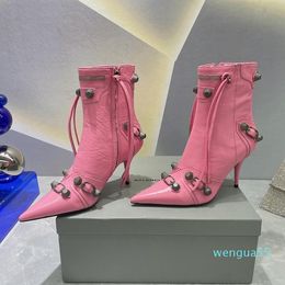 Neon Yellow Women sheepskin stiletto Ankle boots stud buckle embellished Quality shoes designers high heeled boot pointed toe female knight martin booties