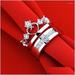 Wedding Rings Wedding Rings Crystal Queen Crown Cross Sier Colour Couple Love Band Promise Ring Jewellery Party Engagement Gift Drop De Dhd1Z