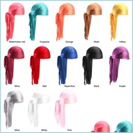 Beanie/Skull Caps Imitation Silky Durag Hat Hip Hop Long Tail Men And Women Solid Colour Beanie Europe America Terylene Drop Delivery Dh9G7