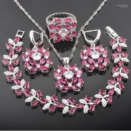 Necklace Earrings Set & 2022 Rose Red Stone Silver Colour For Women Bridal Bracelet Pendant Ring QS0363