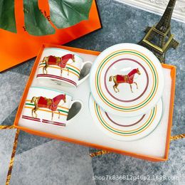 Cups Saucers Set Of 2 Fine Bone China Coffee Royal Horse Design Porcelain Tea Party Espresso Mugs Luxury And