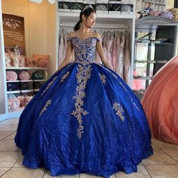 Glitter 2023 Plus Size Quinceanera Dresses Royal Blue Sweet 15 Gown Off the Shoulder Appliques Vestidos De 16 Anos Mexican Girls Wear