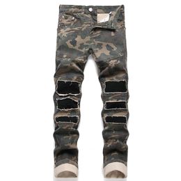 Fashion Slim Stretch Hole Patch Jeans Autumn Street Mid-Waist Men's Camouflage Pants Casual Denim Trousers Pantalones de homb253o