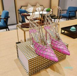 spring Sandals and summer cow leather manual sewing luxury mesh chain pointed high heels fashion Muller shoes sandals KYXZ 08