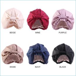 Beanie/Skull Caps Imitation Real Silk Bonnet Double Deck Hair Protection Women Bath Bedroom Hat Home Furnishing Solid Color Fashion Dhmvq