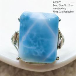 Cluster Rings Natural Blue Larimar Adjustable Ring 925 Sterling Silver Oval Gemstone Women Men Water Pattern