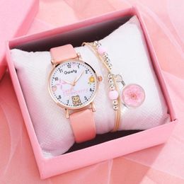 Wristwatches Bracelet Watch For Women Unique Cartoon Flower Pattern Pink Girls Fashion Leather Ladies Clock