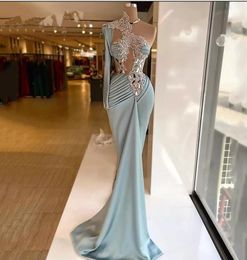 New Design One Shoulder Prom Dresses Lace Appliques Sequins Party Dresses Pleats Custom Made Evening Dress