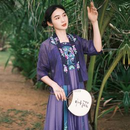 Ethnic Clothing 2022 Ancient Chinese Costume Women Vintage Hanfu Coat National Flower Embroidery Chiffon Retro Sunscreen Breathable