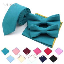 Solid 100 Cotton 6Cm Tie Bowtie Set Rose Red Navy Blue Pink Tie Handkerchief Wedding Fashion Classic Gift For Men Accessory J220816