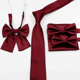 Shiny Polyester Satin Solid 6Cm Tie Set Men Red Green Pink Wedding Bowtie Handkerchief Skinny Party Gift Tie Shirt accessory J220816