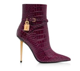 Tom-ford-sapatos feminino Botins de marca de luxo sapatos de grife Estampado brilhante couro de crocodilo cadeado botim dedo do pé pontudo mulher sexy