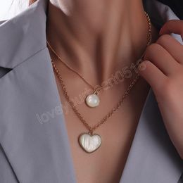 Gold Colour Double Layers White Shell Heart Round Pendant Necklace Simple Casual Bohemian Choker Necklace Jewellery