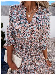 Casual Dresses 2022 Summer Women Vintage Dress High Waist Ruffle Lady Sexy V-Neck Elegant Floral Print Puff Sleeve Female Clothes