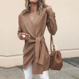 Women's Trench Coats Women's Sweater Coat Chic Solid Colour V Neck Long Sleeve Waist Knotted Casual Knitted Loose Wool Lace Up Jacket
