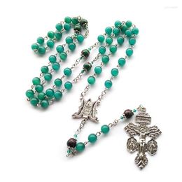 Pendant Necklaces QIGO Green Opal Rosary Long Vintage Big Jesus Cross Virgin Necklace For Men Women Religious Prayer Jewellery