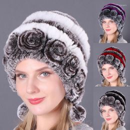 Berets Women's Fur Hat Winter Female Flowers Striped Natural Real Rex Hats Russian Ladies Warm Thick Knit Outdoor Caps