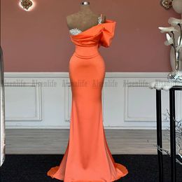 Orange Satin Prom Dresses 2023 One Shoulder Beads Saudi Arabic Long Party Dress Night Cocktail Dresses vestidos de gala